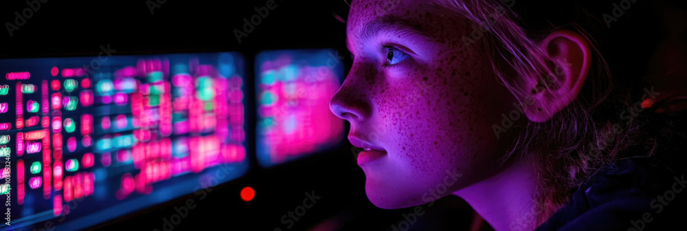 Poster a child studies colorful graphics and data on screens, fully engaged in learning and discovery durin