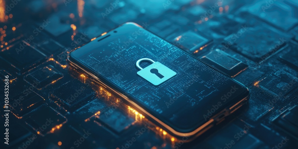 Poster digital padlock on mobile device, encrypted data, secure communication, no people