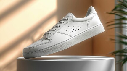 A pair of white sneakers displayed elegantly with a warm background. The sneakers feature detailed perforations and a sleek design, expressing modern style.
