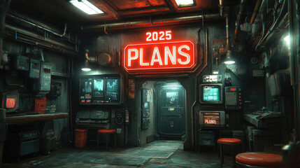 The interior features a high-tech control room illuminated by a prominent neon sign indicating future plans for 2025, filled with screens and equipment