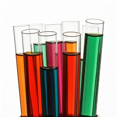 Test tubes containing coloured liquids against a white background.