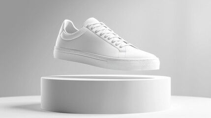 This image showcases a stylish white sneaker displayed on a minimalist pedestal against a soft gray backdrop. The shoe floats elegantly, emphasizing its design.