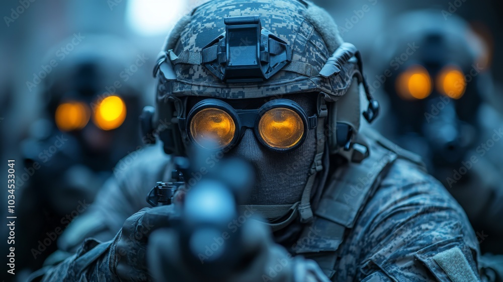 Aufkleber Elite operatives participate in a night training exercise, navigating an urban area while utilizing tactical gear and illuminated goggles to enhance visibility and coordination.