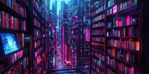 Virtual library with a cyberpunk aesthetic, neon-lit digital shelves, interactive cityscape backdrop, and edgy urban design