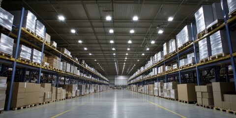 Fototapeta premium Sustainable warehouse with energy-efficient lighting, green materials, and automated systems for eco-friendly operations