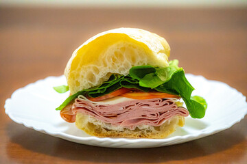 Italian mortadella bologna sandwich with arugula, tomato and cheese on ciabatta bread