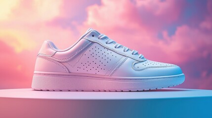 A modern white sneaker displayed on a pedestal with a colorful cloud background, showcasing its design and structure.