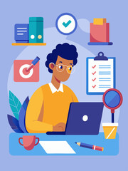 Individual using a laptop sits at a desk focusing on paperwork. Nearby are documents with a checkmark and a magnifying glass. Ideal for productivity, remote work, research, organization, digital

