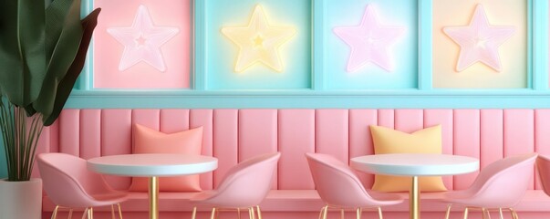 A dreamy 1970s-inspired bohemian cafe with sparkle stars shining through windows, pastel neon lights glowing softly on vintage decor