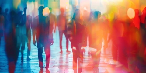 Blurry figures at an educational seminar with abstract background elements and soft, ambient lighting