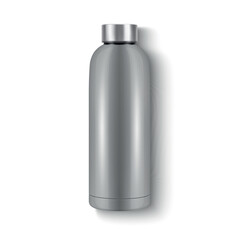 Vector Realistic 3D Blank Glossy Reusable Water Bottle with Silver Bung Closeup Isolated. Design Template of Packaging Mockup. Front View
