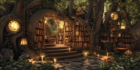 Virtual library with a fantasy forest theme, digital magical books, interactive woodland creatures, and enchanting design