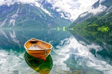 Fototapeta premium A serene wooden boat floats gracefully on a tranquil lake. Majestic mountains surround the clear water. This natural scene captures peace and beauty in a scenic, picturesque style. AI