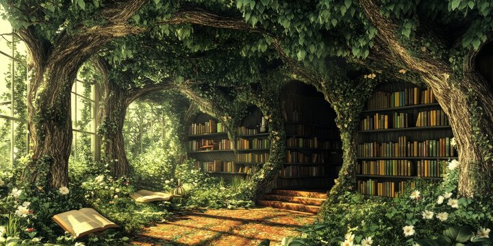 Virtual library with a fantasy forest theme, digital magical books, interactive woodland creatures, and enchanting design
