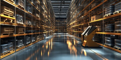 Obraz premium Organized warehouse with digital shelf labels, AI-driven logistics, and automated storage and retrieval systems