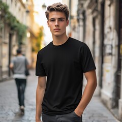 Young model shirt mockup boy wearing black t-shirt on street in daylight shirt mockup template on hipster adult for design print male guy wearing casual t-shirt mockup placement generative ai.