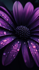 Purple flower isolated on black background with rain drops