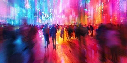 Obraz premium Abstract concept of a crowded business event with blurred people and vibrant lights