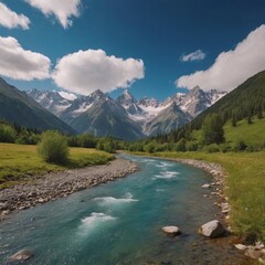Serene Mountain Landscape with Snow-Capped Peaks and Flowing River