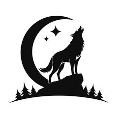 A wolf howling on a hilltop black and white silhouette