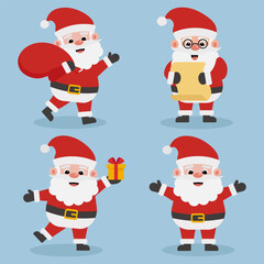 Santa Claus character set: carrying sack, holding list, present, and waving. Vector illustration