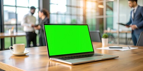Laptop display with green screen background on an office desk while people attend a business meeting. Isolated mockup template with blank chroma key and free space on computer monitor. Closeup.	