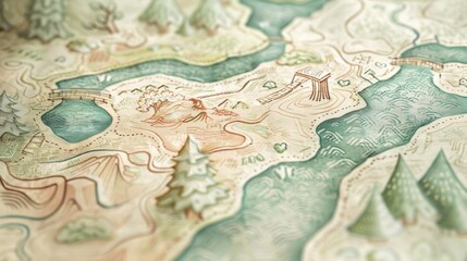 A handdrawn map of a whimsical enchanted forest rendered in a vintage grainy style and soft pastel hues