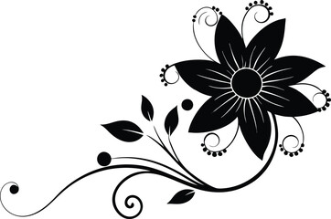 Stylized floral silhouette, with a large black flower and spiraling vines growing in the corner