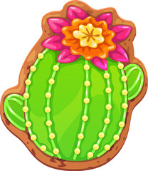 Mexican Day of Dead holiday blooming cactus cookie. Mexico Day of the Dead festival traditional vector gingerbread pastry, Mexican culture carnival or Hispanic Dia de Los Muertos celebration cookie