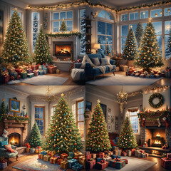 Fototapeta premium Cozy Living Room with Christmas Tree, Gifts, and Fireplace – Festive Holiday Decor