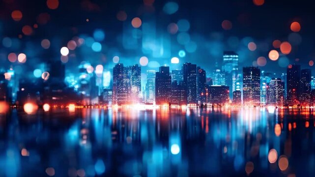 Smart tech city by night, skyscrapers glowing defocused lights, financial district abstract background
