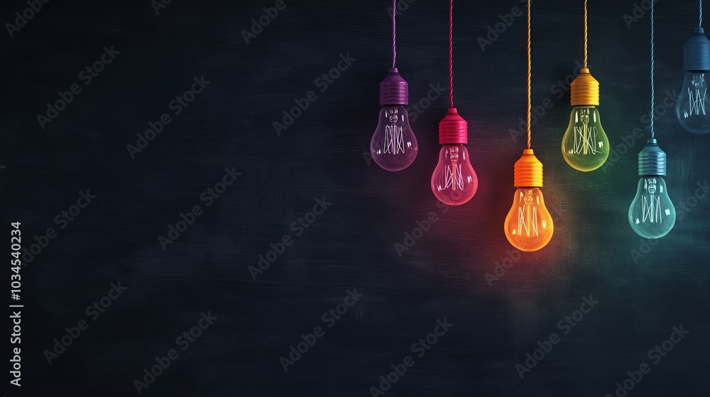 Poster a vibrant display of colorful hanging light bulbs against a dark background creating a modern aesthe