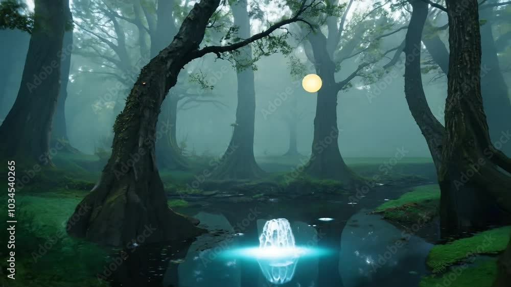 Poster a misty forest scene with a small waterfall flowing through a stream, surrounded by tall trees and a