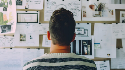 man overviewing a board with notes on the wall, generative ai