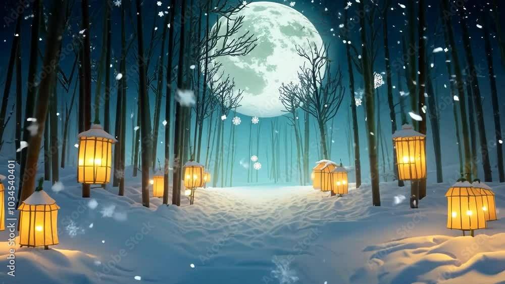 Poster a moonlit path illuminated by lanterns in a snowy forest.