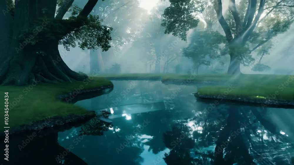 Poster a misty forest with a stream flowing through it, with thick trees surrounding the stream and a tranq