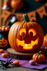 Obraz premium A creatively carved Halloween pumpkin radiates light, surrounded by smaller pumpkins, candies, and festive decorations on a colorful table - Generative AI