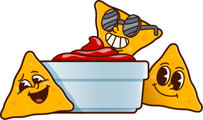 Groovy fast food nachos chips characters surrounding a bowl of salsa, display joyful expressions. Isolated cartoon vector retro playful Mexican tex mex food, crunchy snacks celebrate retro funky party © Vector Tradition