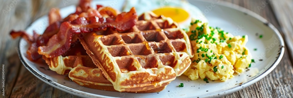 Poster a plate of fluffy buckwheat waffles served with a side of crispy bacon and scrambled eggs.
