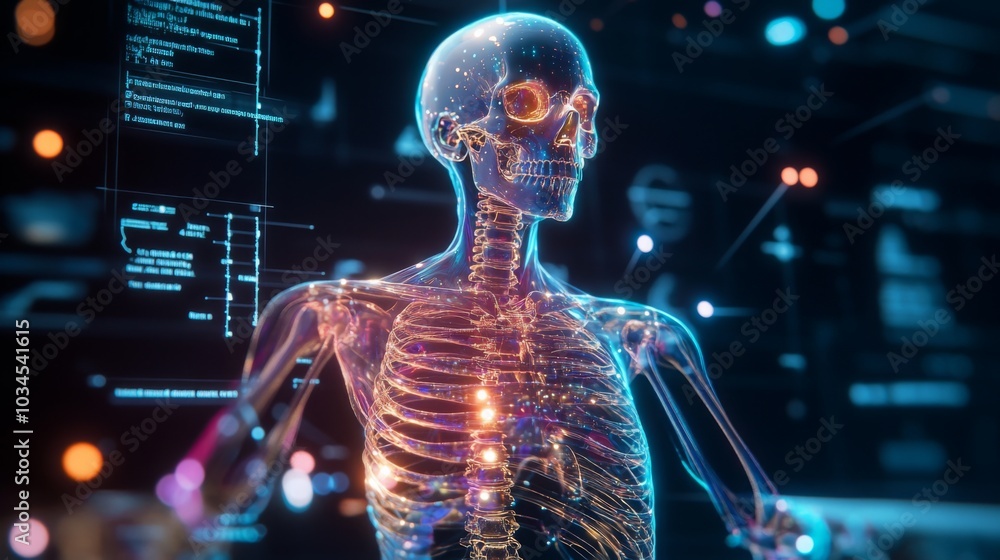 Leinwandbilder A holographic representation of a skeleton illuminates various anatomical features while data overlays provide physiological information. The futuristic background enhances the scientific atmosphere.