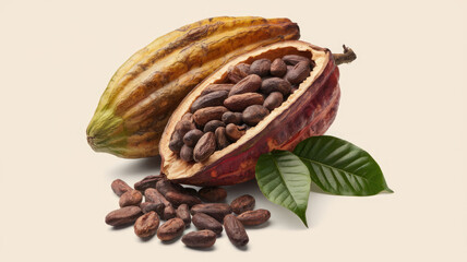 A close up of a chocolate pod with a few beans on top. The beans are scattered around the pod and the pod is open