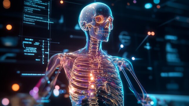 A holographic representation of a skeleton illuminates various anatomical features while data overlays provide physiological information. The futuristic background enhances the scientific atmosphere.