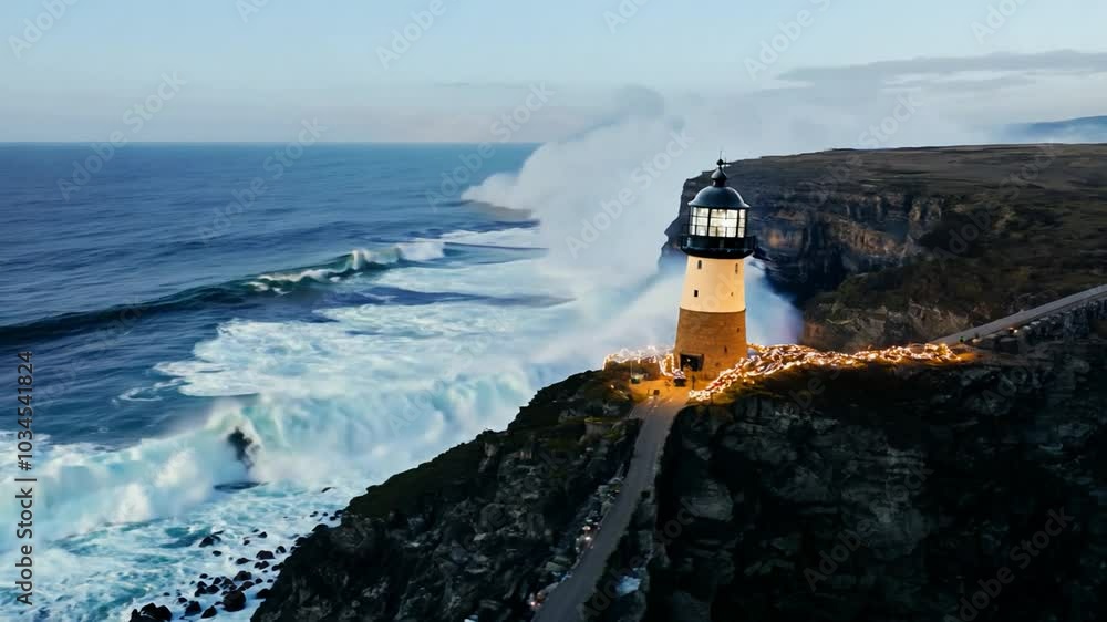 Poster aerial view of a lighthouse on a cliff with waves crashing against the rocks.