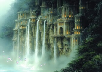 Majestic Waterfall Castle Nestled in Enchanted Forest with Cascading Waterfalls and Mystical Glow - Fantasy Art Envisioning Fairytale Dreamscape