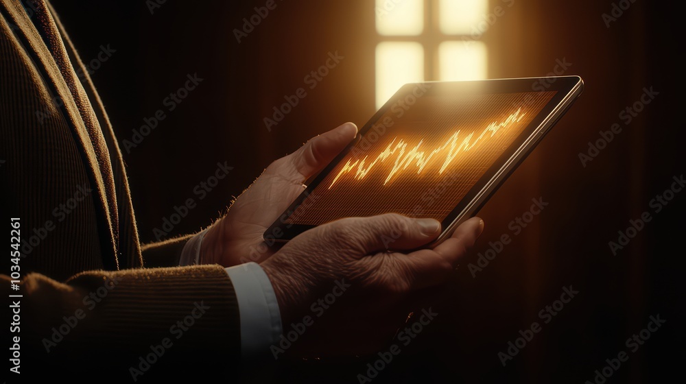 Poster a person holds a tablet displaying a vibrant health data graph, illuminated by soft light.