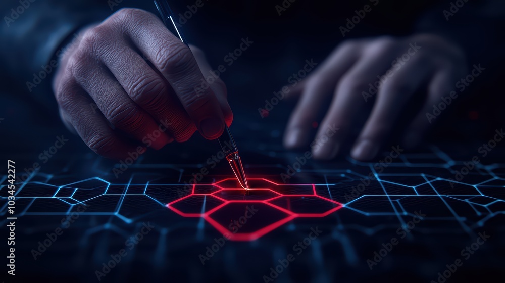 Aufkleber a person's hand using a stylus on a digital screen, creating red geometric patterns against a dark b