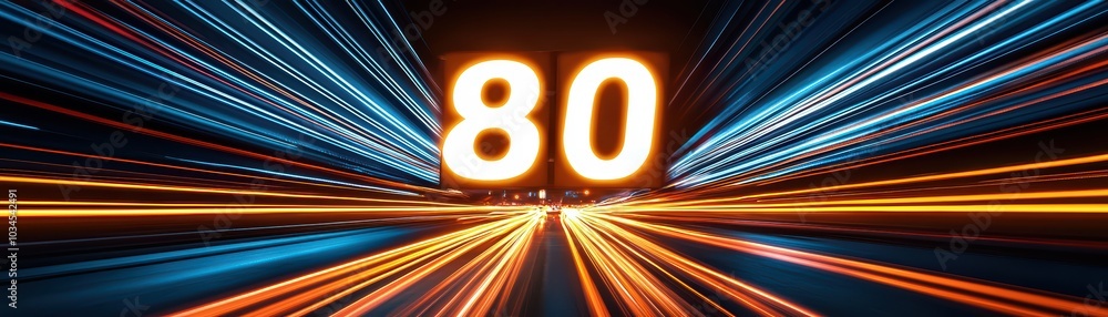 Poster abstract light trails with glowing numbers for speed representation, perfect for illustrations of mo