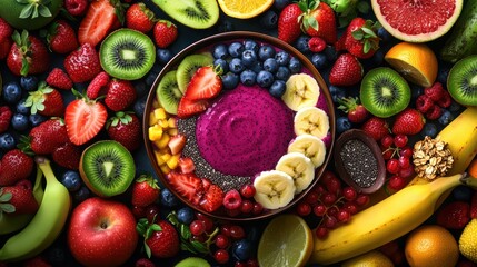 A vibrant bowl of smoothie topped with fresh fruits on a colorful display of assorted berries and tropical fruits.