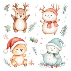 A picture of animals with a santa hat and a santa hat A pictures of christmas animals including Santa, Santa deer Santa hat and deer watercolor, Illustration, Background