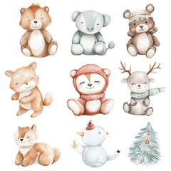 A picture of animals with a santa hat and a santa hat A pictures of christmas animals including Santa, Santa deer Santa hat and deer watercolor, Illustration, Background